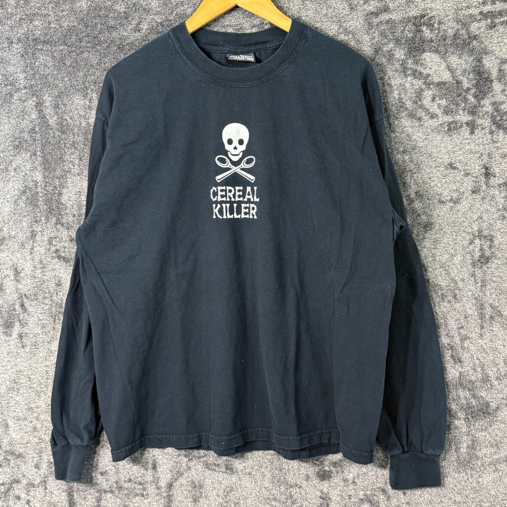 Vintage Cereal Killer Skull T-shirt Black Long Sleeve XL Y2K 2000s